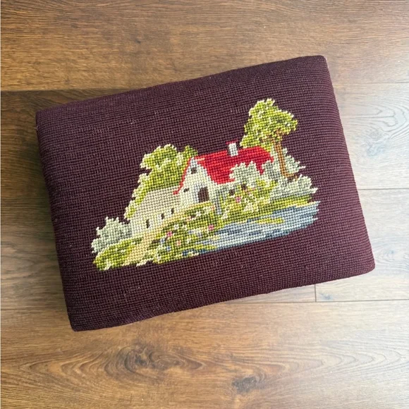 Elegant Brown and Burgundy Needlepoint Footstool - Picture 2 of 6